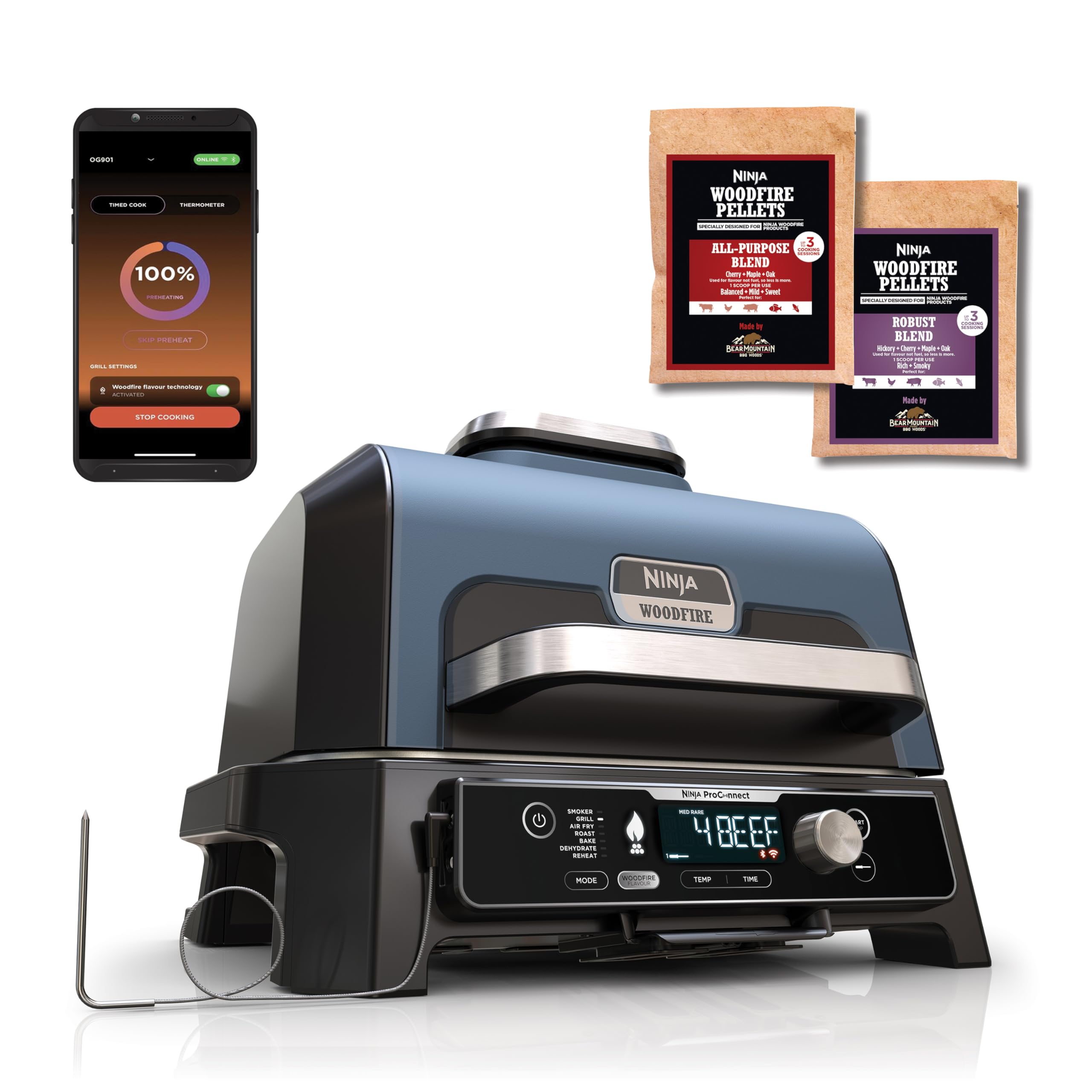 Ninja Woodfire Pro Connect XL Barbecue Elettrico, Griglia, Affumicatore, Friggitrice ad Aria 7 in 1, Controllo con App, Termometro Digitale, Pellet Woodfire, Resistente alle Intemperie, Nero, OG901EU