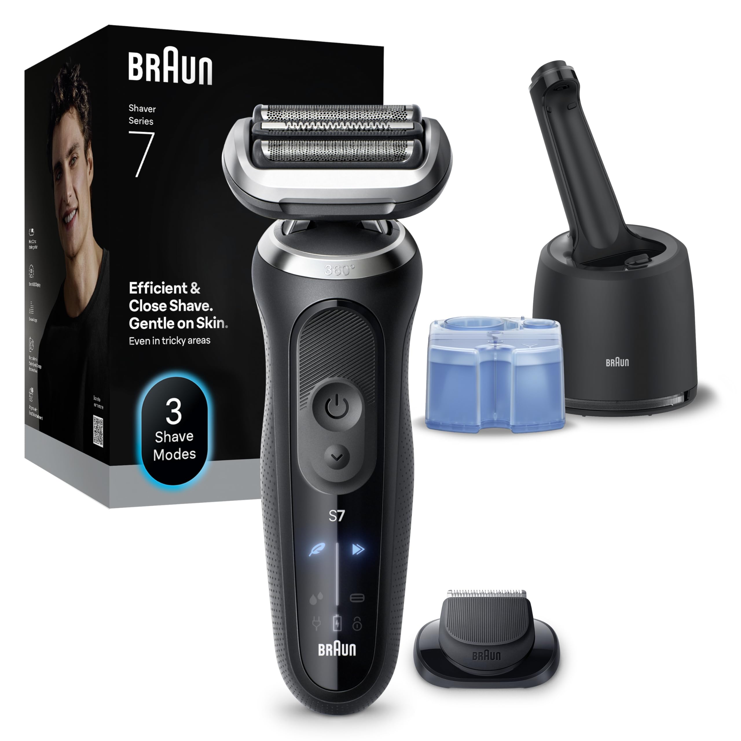 Braun Serie 7 Rasoio Elettrico Barba, WetDry, Regolabarba Uomo, Rasoio Barba, 60 Min Di Utilizzo, Stazione SmartCare 4in1, +1 Accessorio, Senza Fili, 100% Impermeabile, 72-C1200CC, Oro