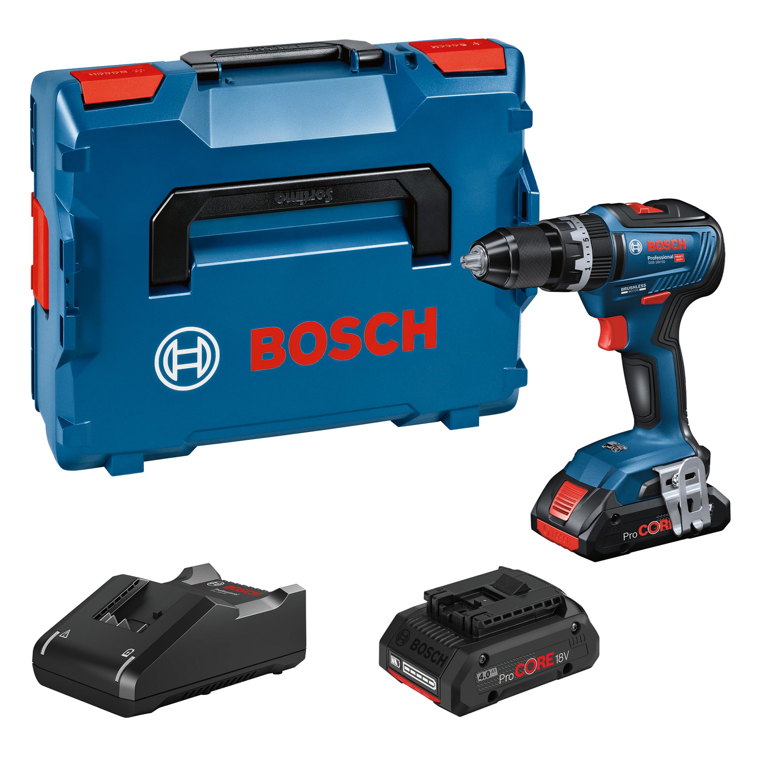 Bosch Professional 06019H5304 Trapano a Percussione Gsb 18V-55, 2X4.0Ah Batterie + Caricatore, 18 Volt, Diametro Foro in Muratura: 10 mm, in L-Boxx, 18 V, Blu
