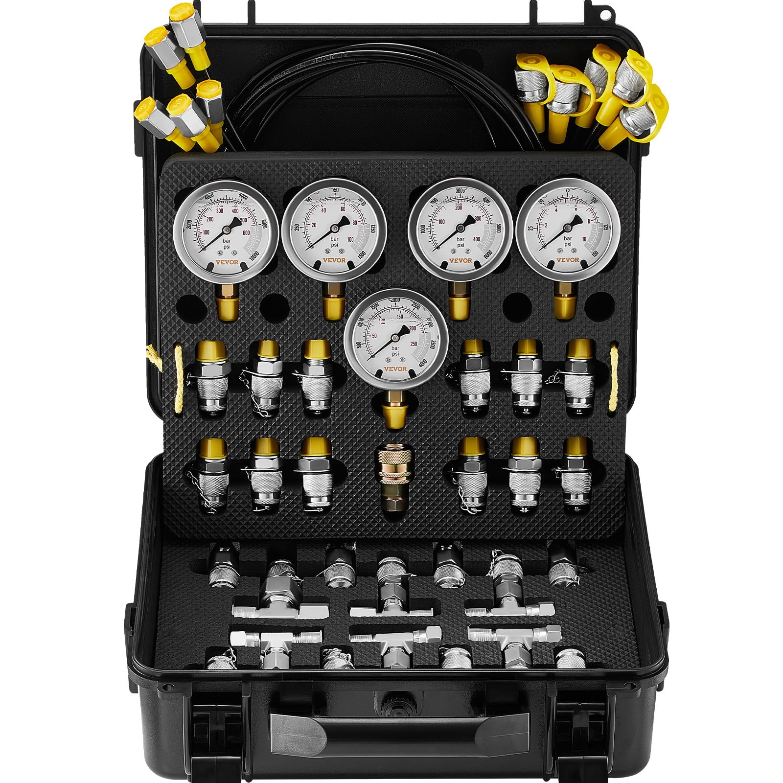 VEVOR Kit di Prova di Pressione Idraulica in Acciaio inox, Rame, Acciaio al Carbonio con 5 Manometri Diametro 68 mm, 13 Giunti 14 Connettori, per Compressori, Attrezzature Pneumatiche e Escavatori
