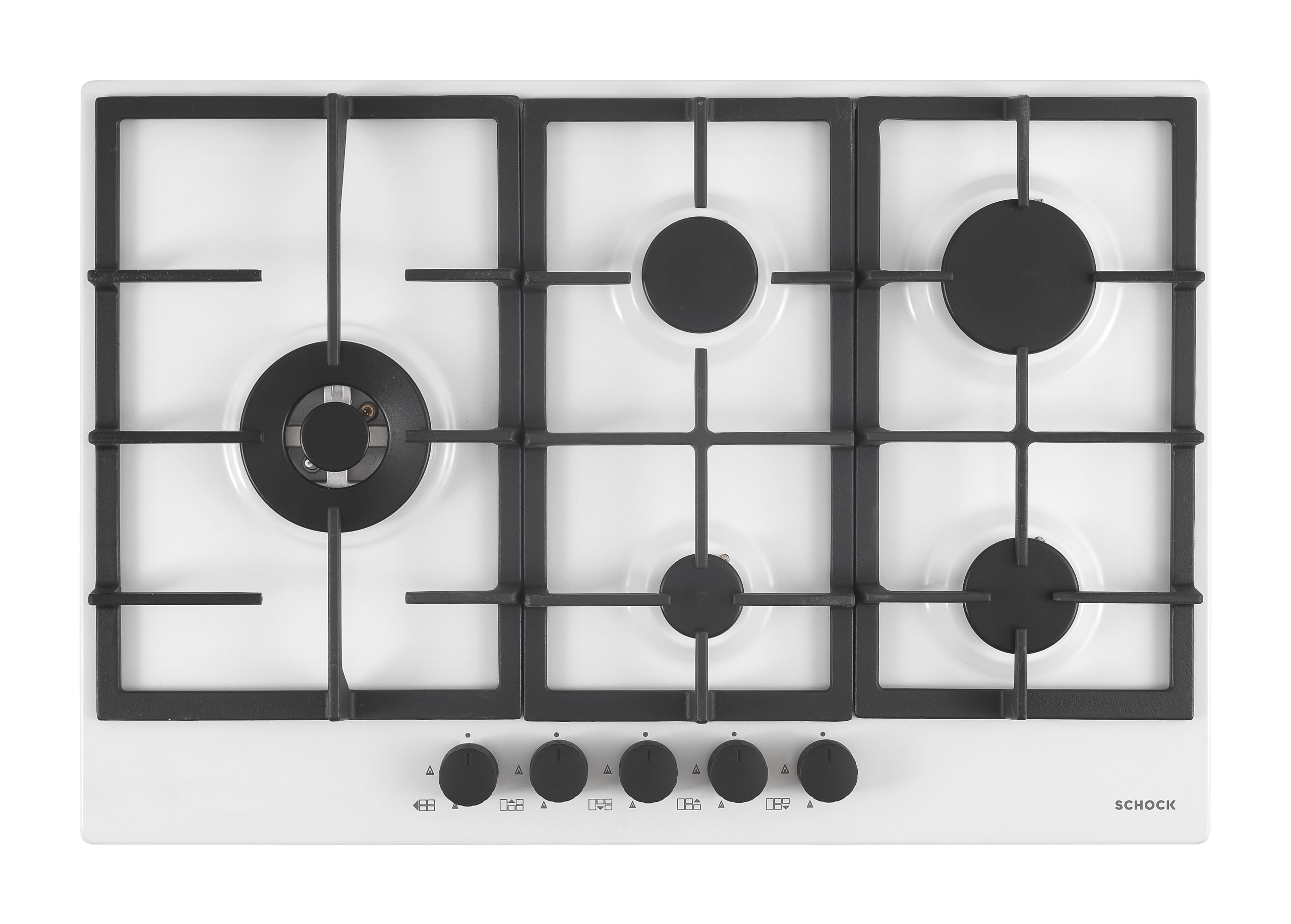 SCHOCK | Piano Cottura 5 Fuochi Gas Professional PC75 con Manopole Nere Opache Soft Touch, Griglie in Ghisa, Valvole di Sicurezza, Bianco Opaco, 740x500 mm