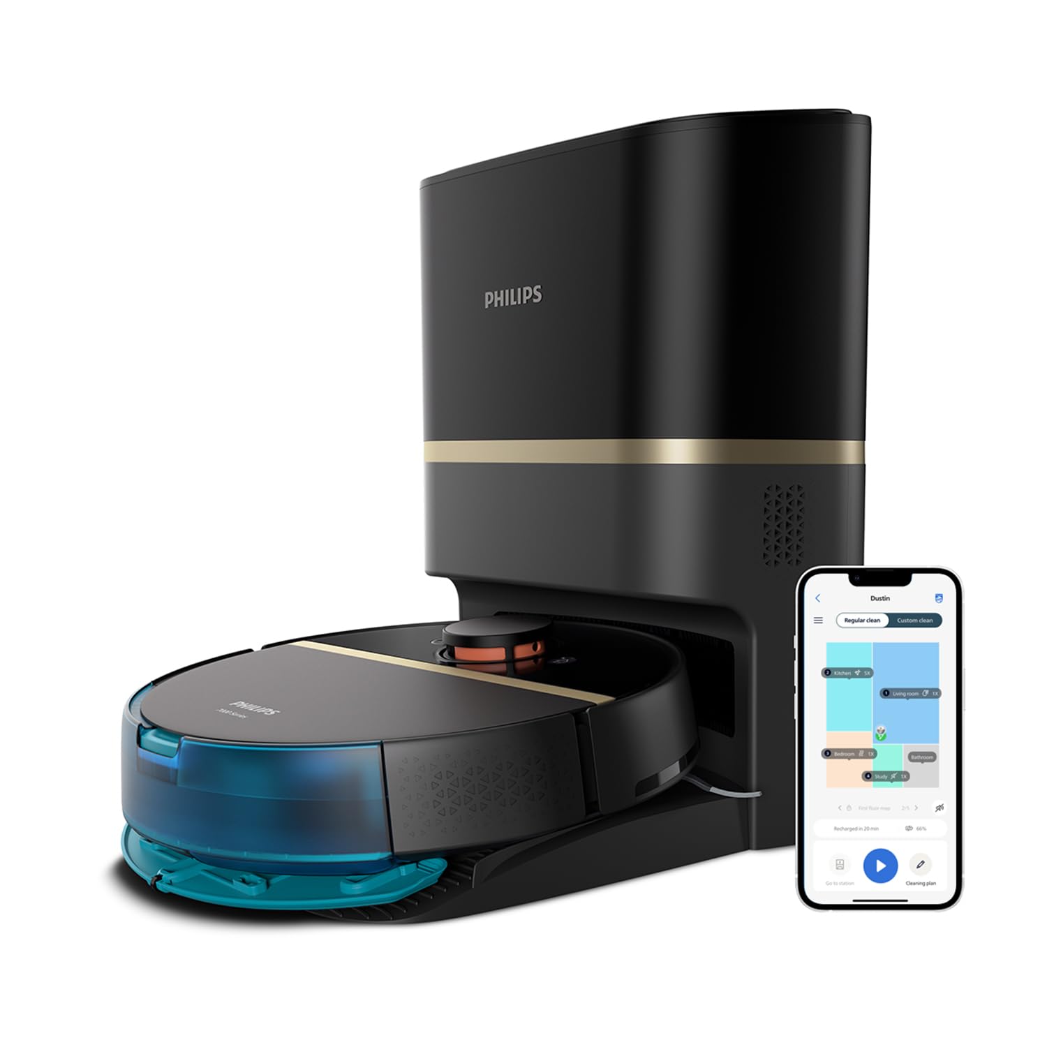 Philips HomeRun Serie 7000 Robot Aspirapolvere e Lavapavimenti con Mappatura, Alta Potenza Asp.ne (5000 Pa), Ril.to Piccoli Ostacoli, con Stazione, per Tappeti e Peli di Animali, App WiFi (XU7100/01)