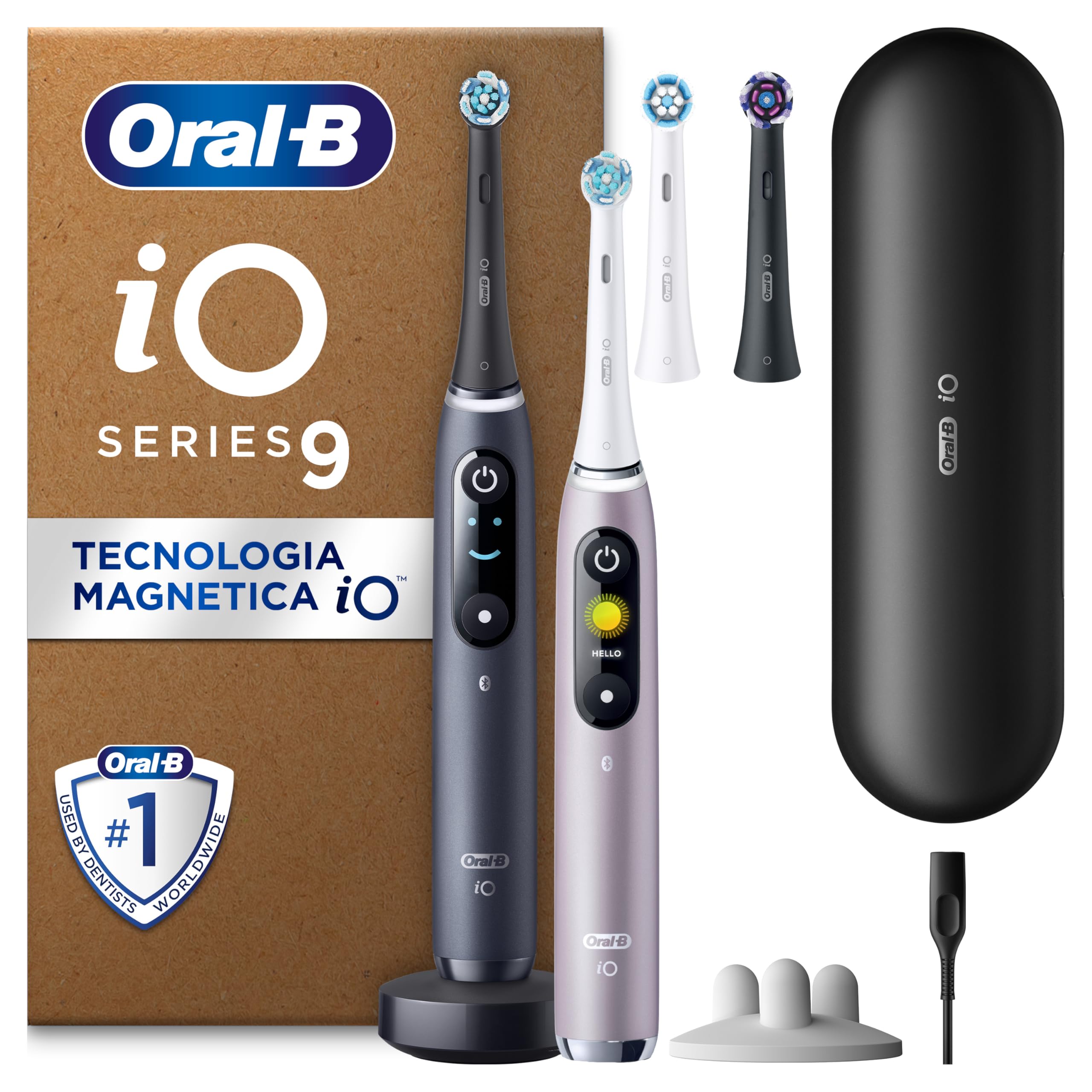 Oral-B iO 9 Spazzolini Elettrici, Nero e Rosa, Con Sensore Di Pressione Per Proteggere Gengive, Accessori, 2 Spazzole Di Ricambio Caricatore, Custodia Da Viaggio, Imballaggio In Cartone