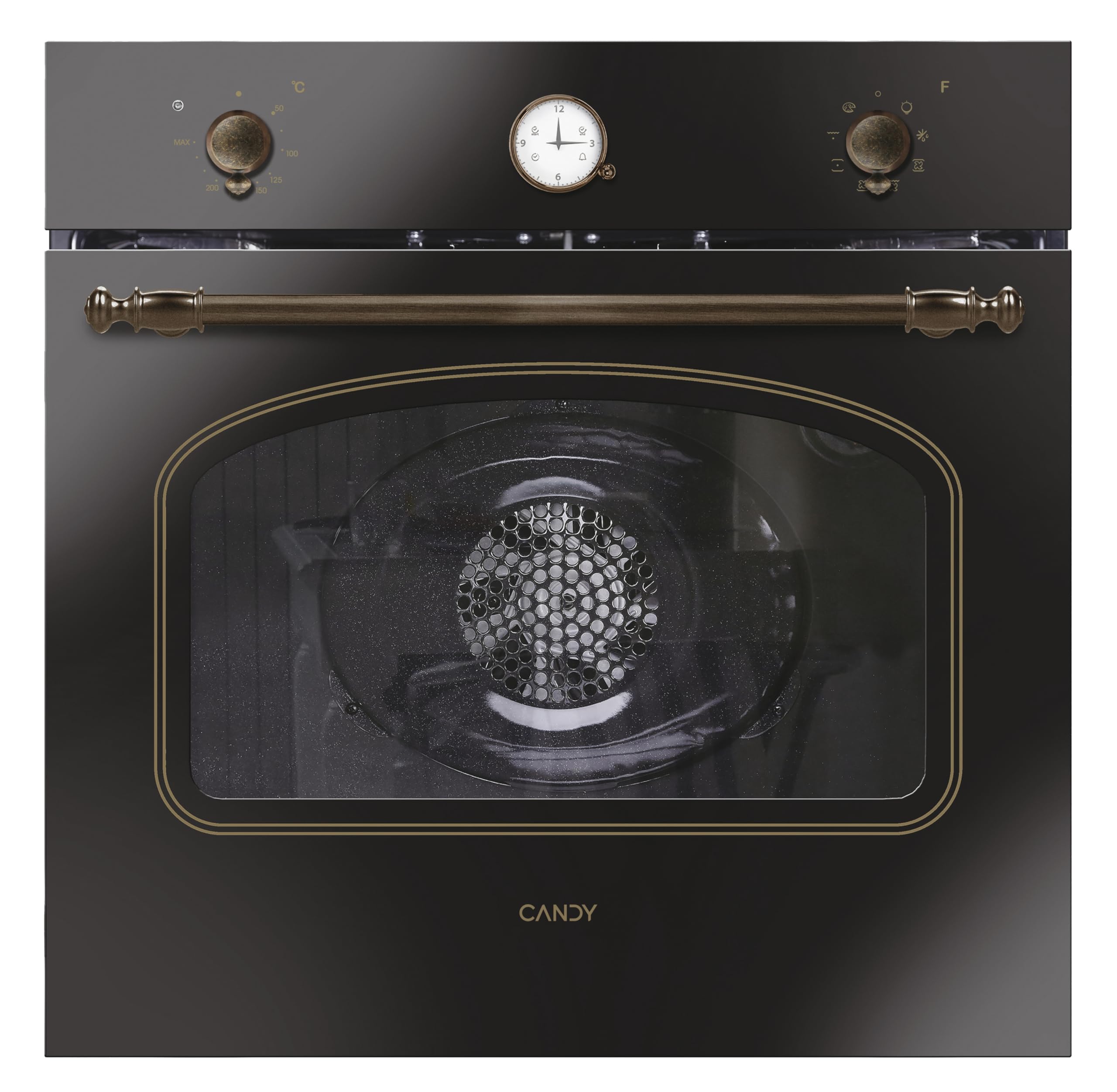 Candy Classic Forno Elettrico da Incasso Ventilato, 65 Litri, Classe A+, Funzione Pizza, 8 Programmi di Cottura, Design Rustico con Orologio Analogico, 59,5 x 59,5 x 56,8 cm, Nero - FCC604GH/E