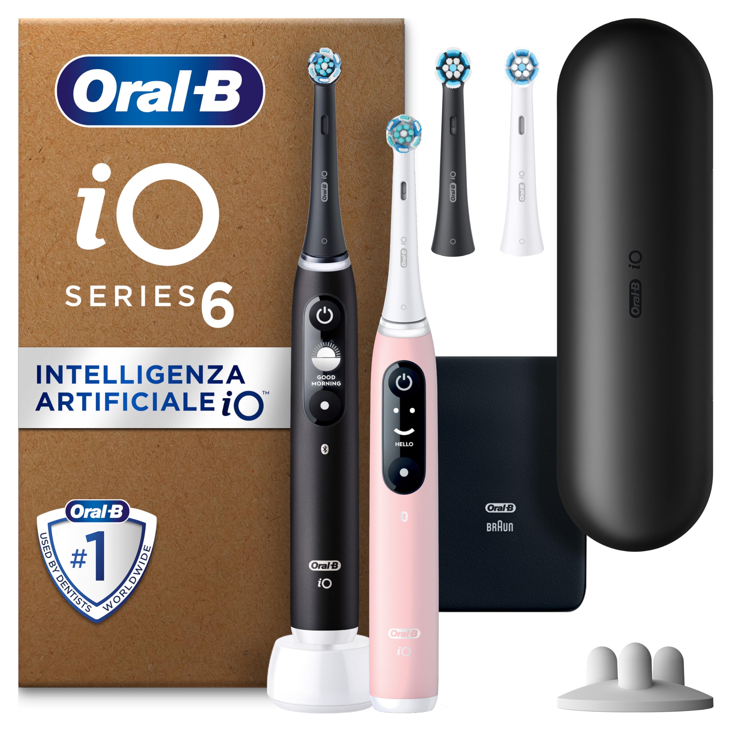 Oral-B Spazzolino Elettrico Ricaricabile iO 6 Nero e Rosa, 3 Testine di Ricambio, Confezione Doppia, 2 Spazzolini