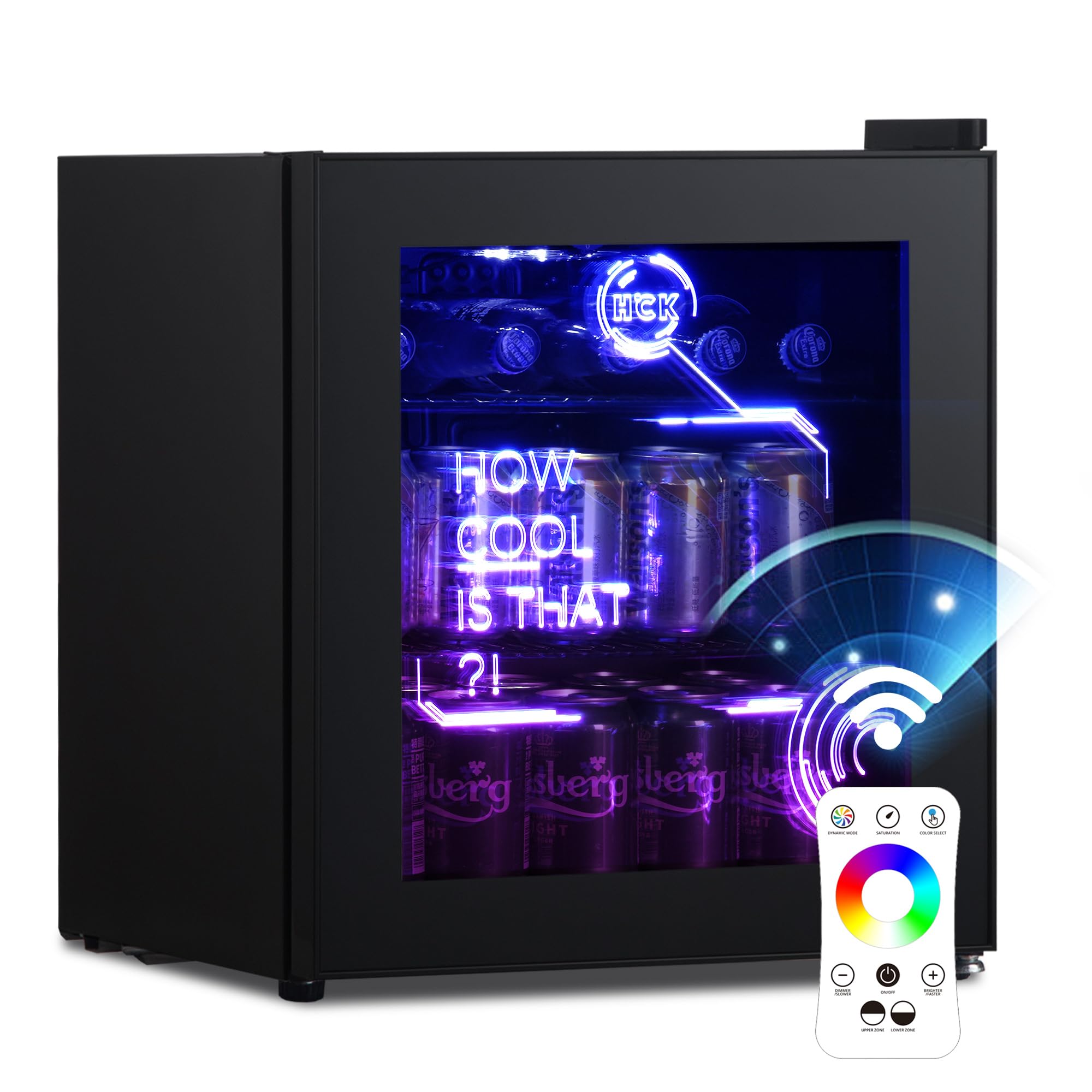 HCK Mini Frigo, Refrigeratore Bevande 48L, Frigorifero Piccolo con Illuminazione Moderna Cyberpunk, Mini frigorifero da 0 a 15°C, Porta a Vetro,per Sala Giochi, Festa, Nero
