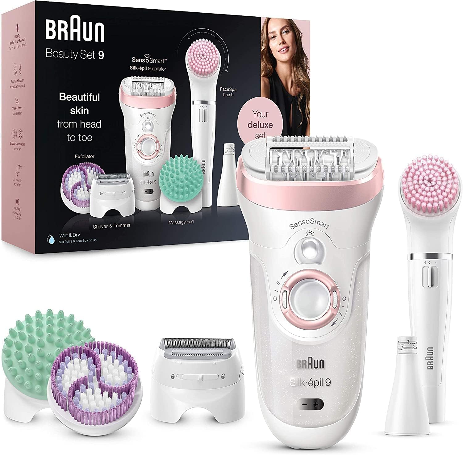 Braun Silk-épil 9 Beauty Set Deluxe 9-995 Epilatore Donna 9-In-1 WetDry Senza Fili– Con Rasoio, Pulizia Viso Esfoliazione Corpo