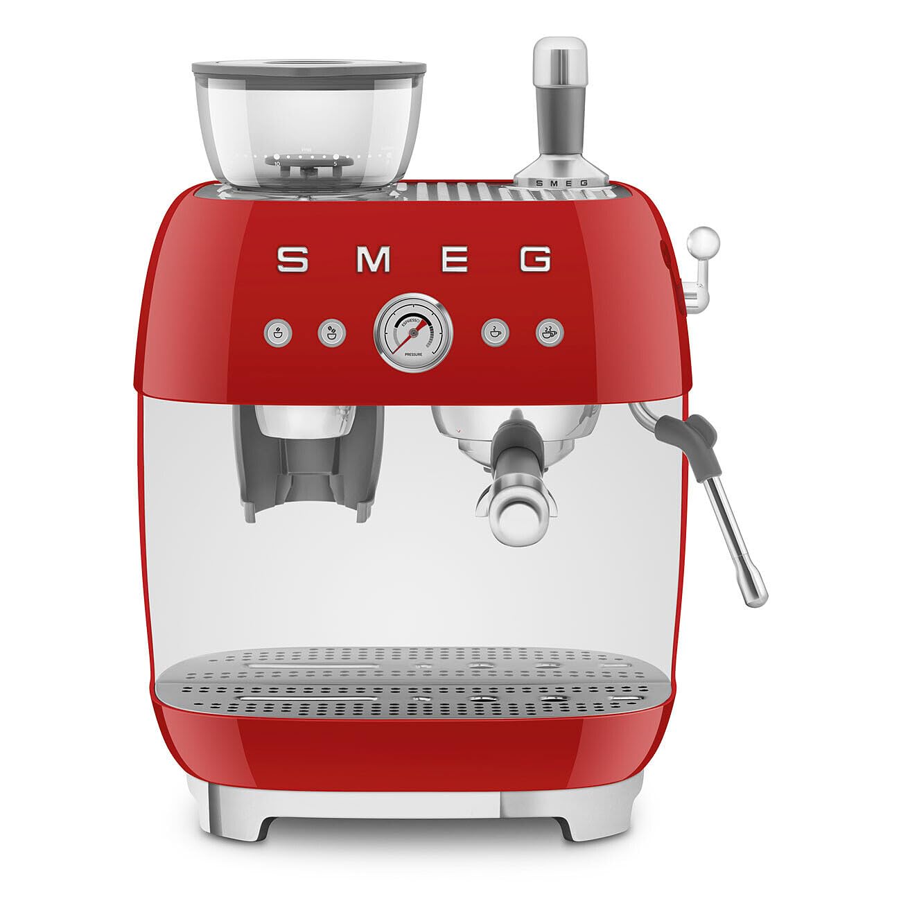 Smeg, Macchina da Caffè Espresso Manuale EGF03RDEU, con Macinacaffè Integrato, Thermoblock, 4 Livelli di Temperatura, Lancia a Vapore e Manometro, Serbatoio da 1 L, Dimensioni Compatte, 1350W, Rosso