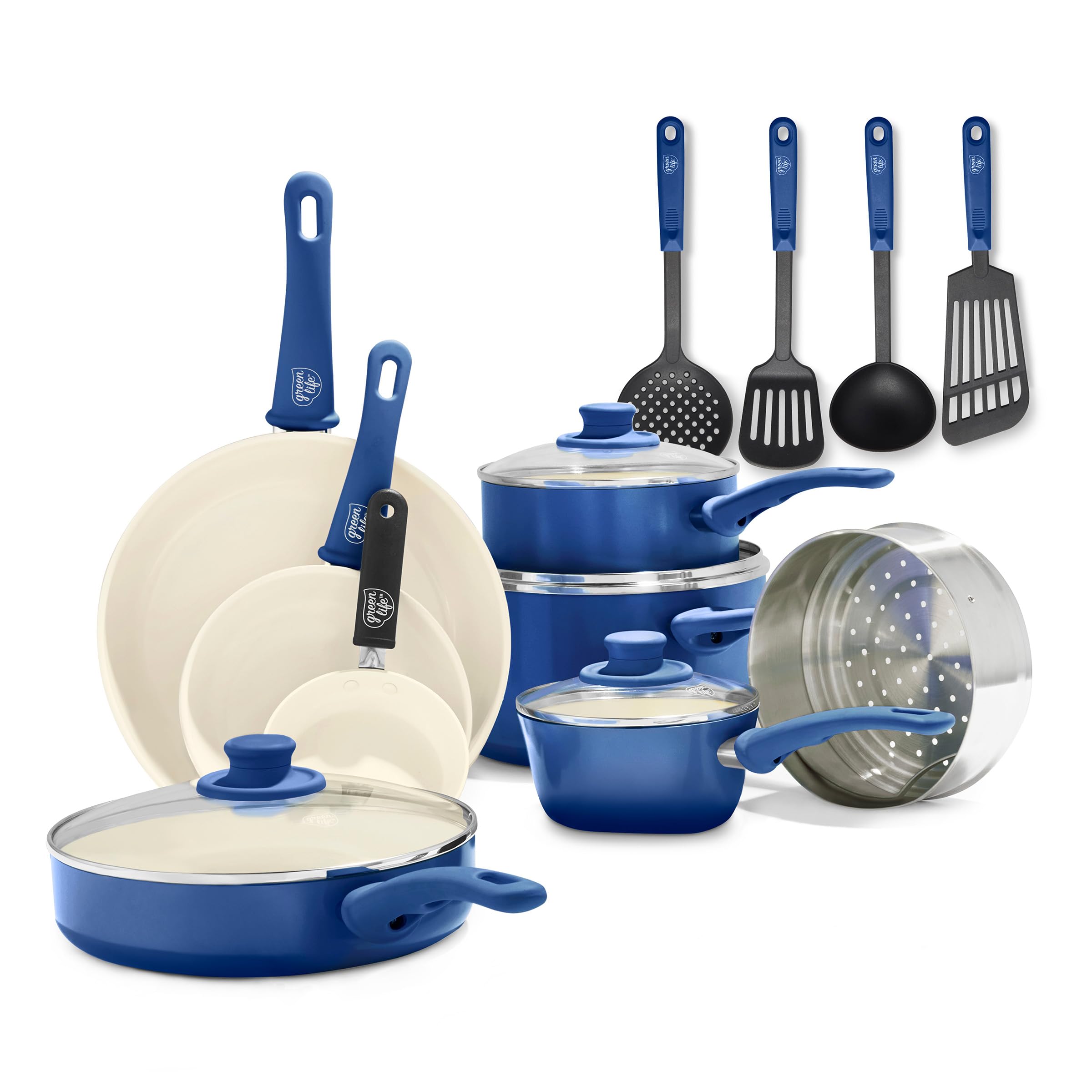 GreenLife Soft Grip Batteria di Pentole 16 Pezzi, Rivestimento Antiaderente senza PFAS, Padella 12/18/24 cm,Casseruola con Coperchi, Pentola 15/18 cm, Lavabile in Lavastoviglie, Blu