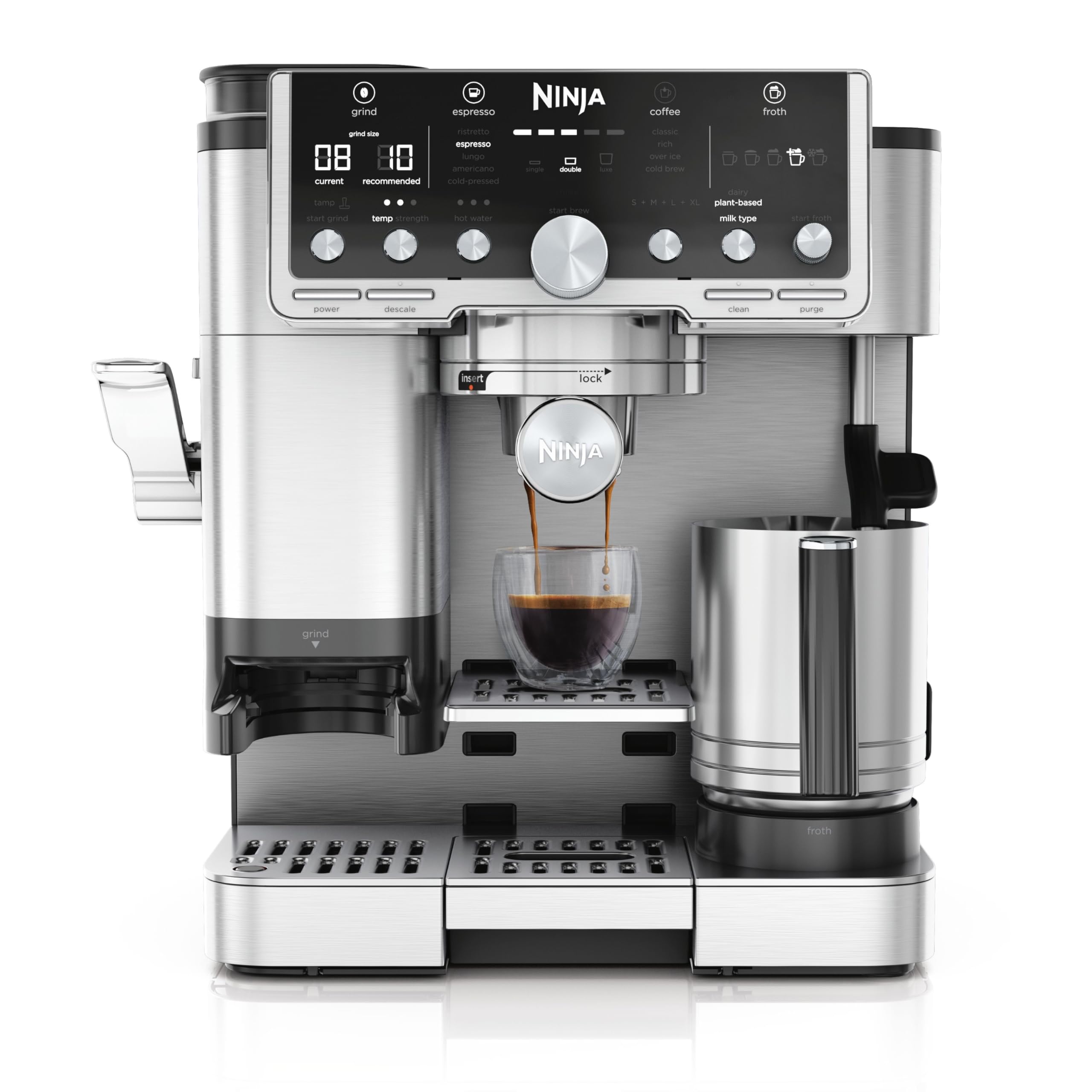 Ninja Luxe Pro Macchina Caffè 3 in 1, Macchina Latte, Cappuccino, Caffè Freddo, Espresso con Macinacaffè Integrato, Montalatte, Facile da usare, 5 Programmi Automatici Schiuma, Argento, ES701EU