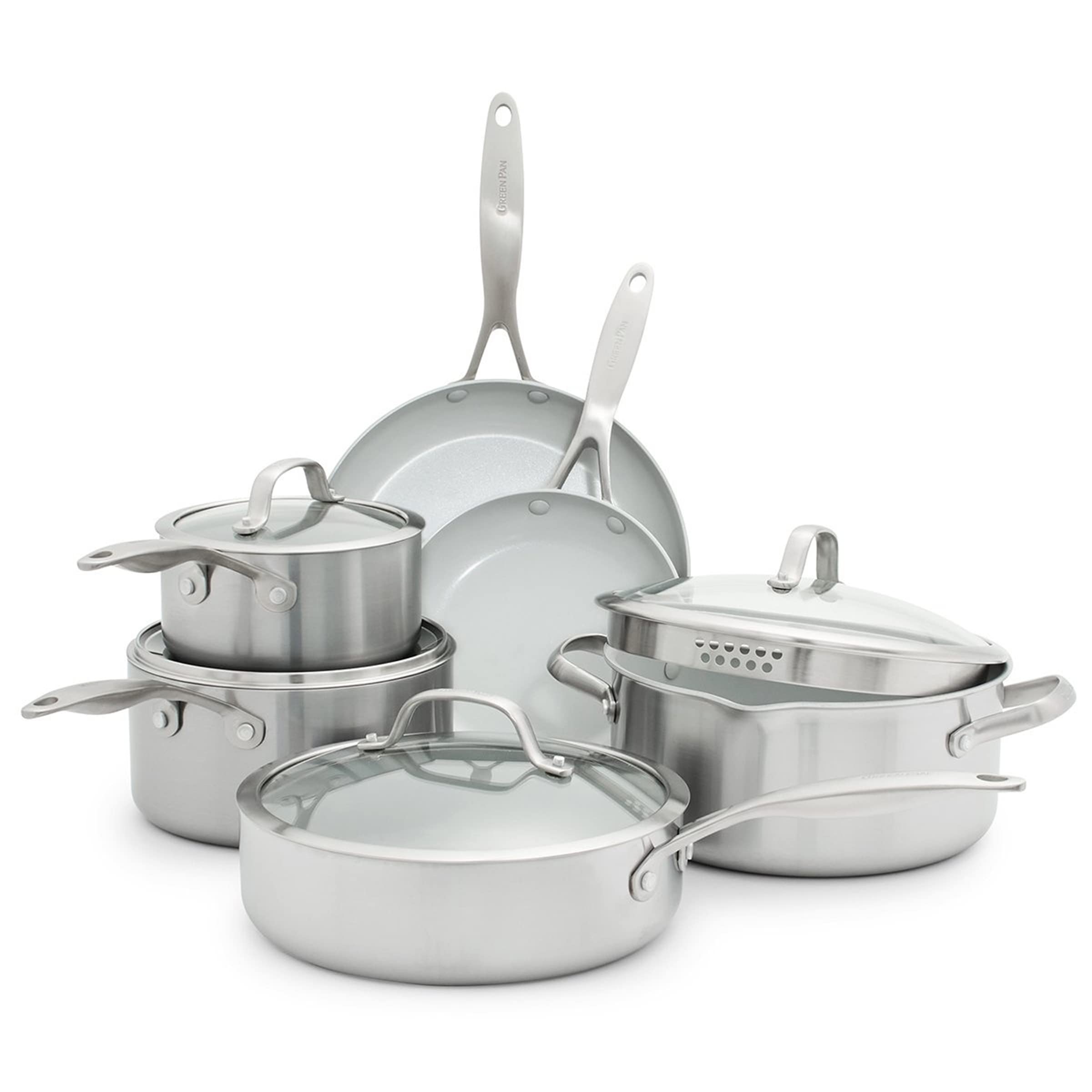 GreenPan Venice Pro Tri-Ply Set di pentole e padelle 10 pezzi in acciaio inox antiaderente sano e ceramico, senza PFAS, multiaderente, a induzione, lavabile in lavastoviglie, adatto al forno, argento