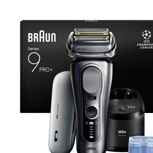 Braun Serie 9 PRO + Rasoio Elettrico Barba, WetDry, 5+1 Lame Di Precisione Ultra Sottili, Regolabarba Uomo, Rasoio Barba, 60 Min Utilizzo, PowerCase, Stazione SmartCare 6in1, Serie 9677cc, Argento