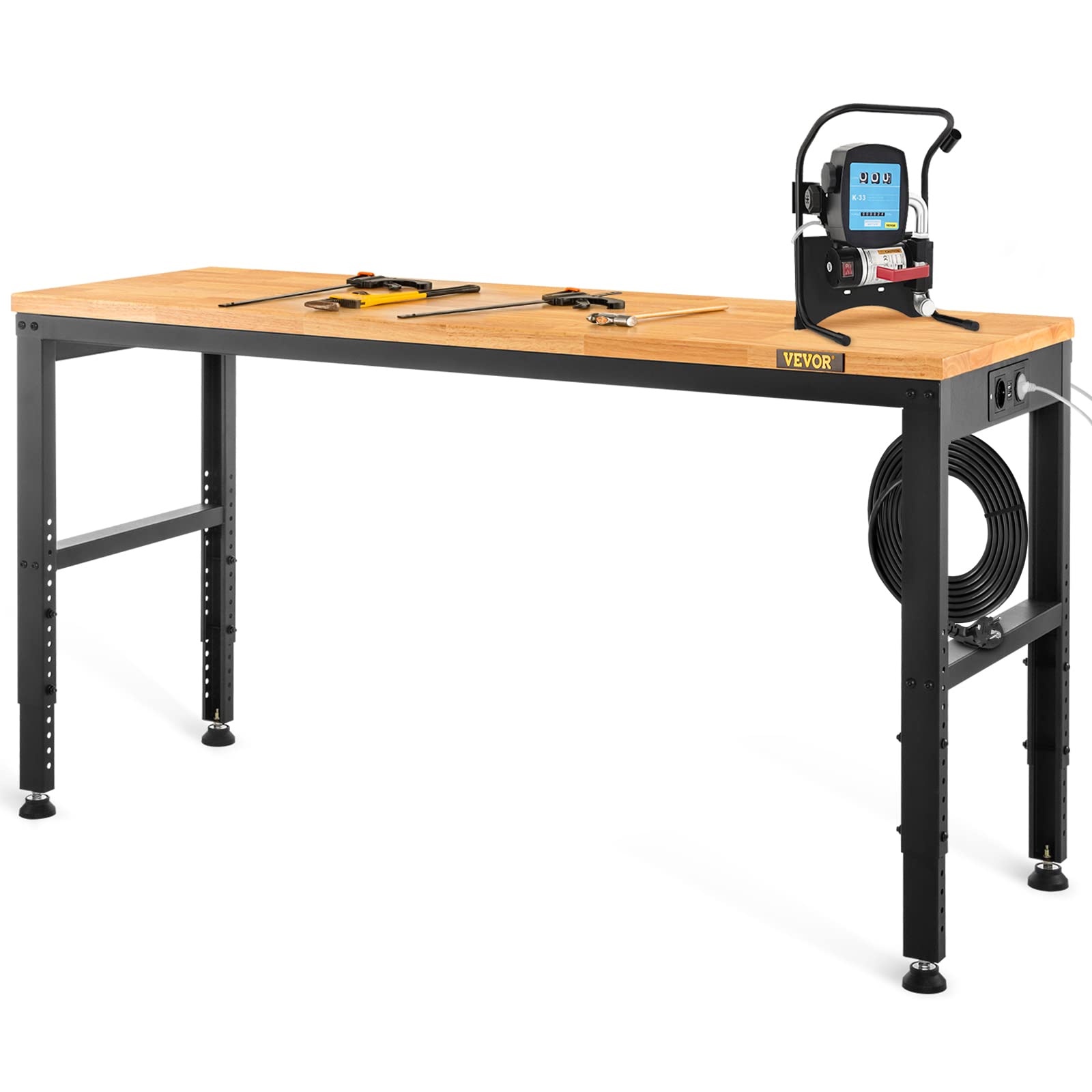VEVOR Établi Garage Atelier Tavolo da lavoro 183x64x97 cm Altezza regolabile 72-97 cm, Piano in legno duro Quadro in acciaio, Multifunzionale Robusto per la riparazione Bricolage