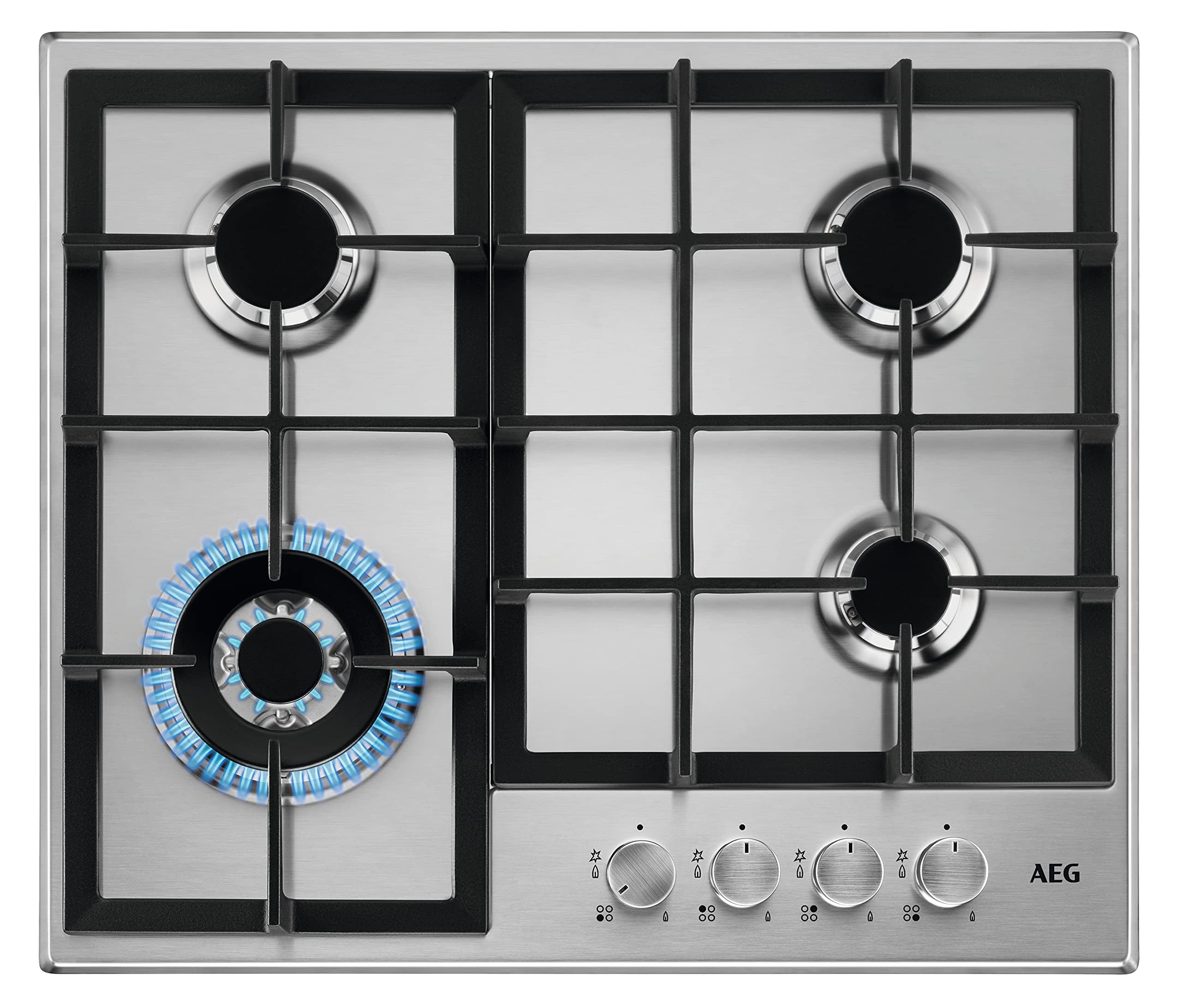 AEG Piano Cottura a Gas HGB64400SM, 60 cm, 4 Fuochi Speed Burner, Bruciatore Wok, Griglie in Ghisa, Accensione Integrata, Spegnimento Automatico, Acciaio Inox